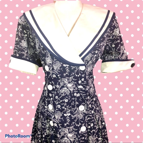 Vintage Shelly Michaels Floral Navy Dress - Picture 3 of 7